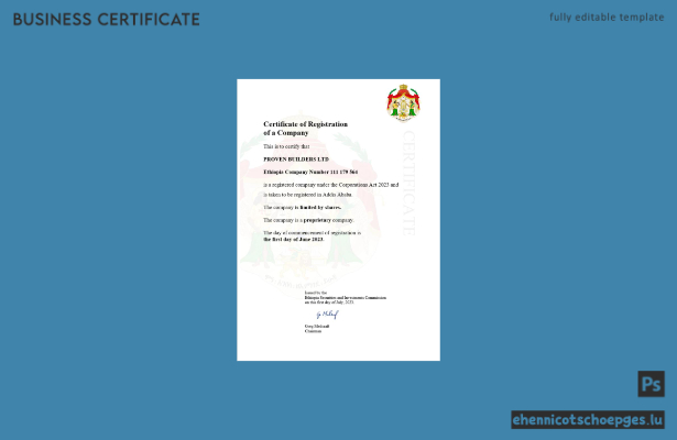 Äthiopische Registrierungsurkunde – Beispielansicht in Word und PDF